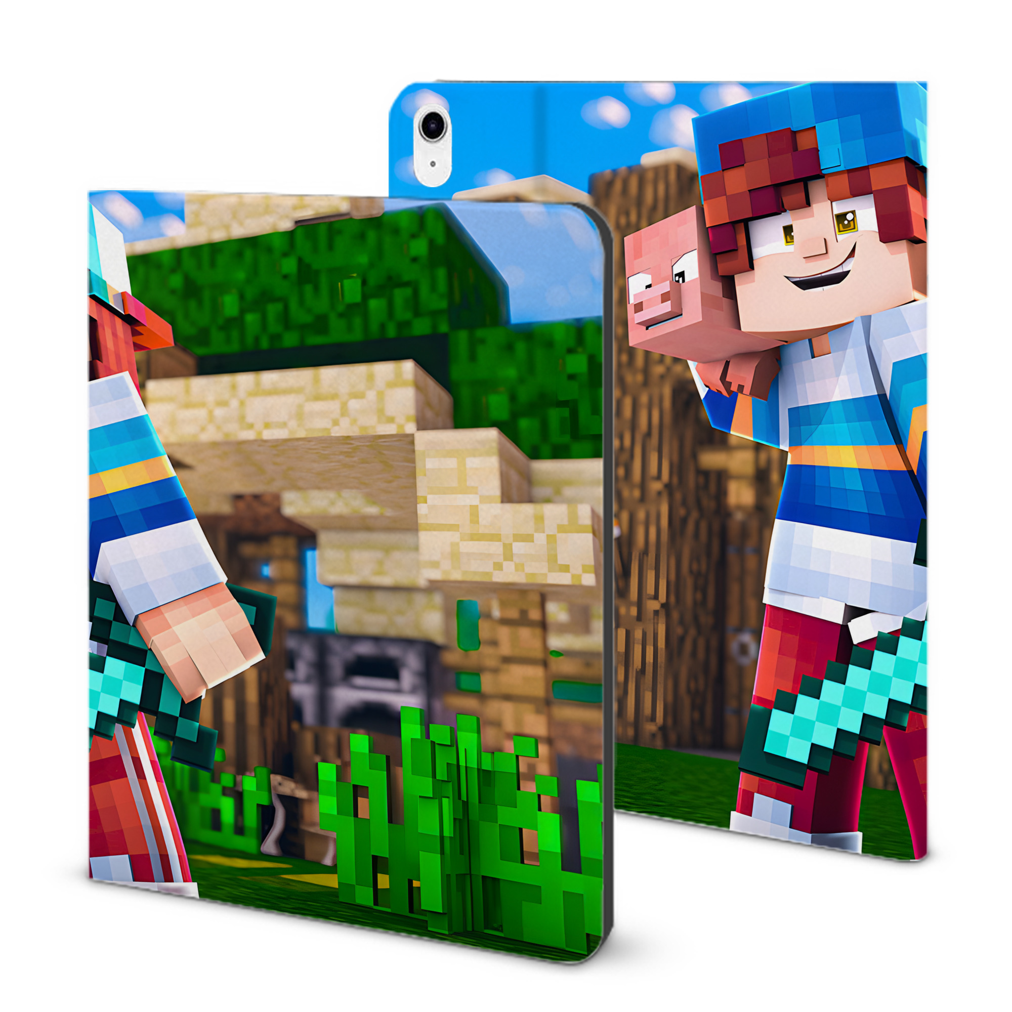 （画像用） マインクラフト ブロックの世界 Minecraft MC Block world IPad ケース ブック型 PUレザー TPU 耐衝撃 軽量 薄型 ペン収納なし 全面保護 IPad 各モデル対応